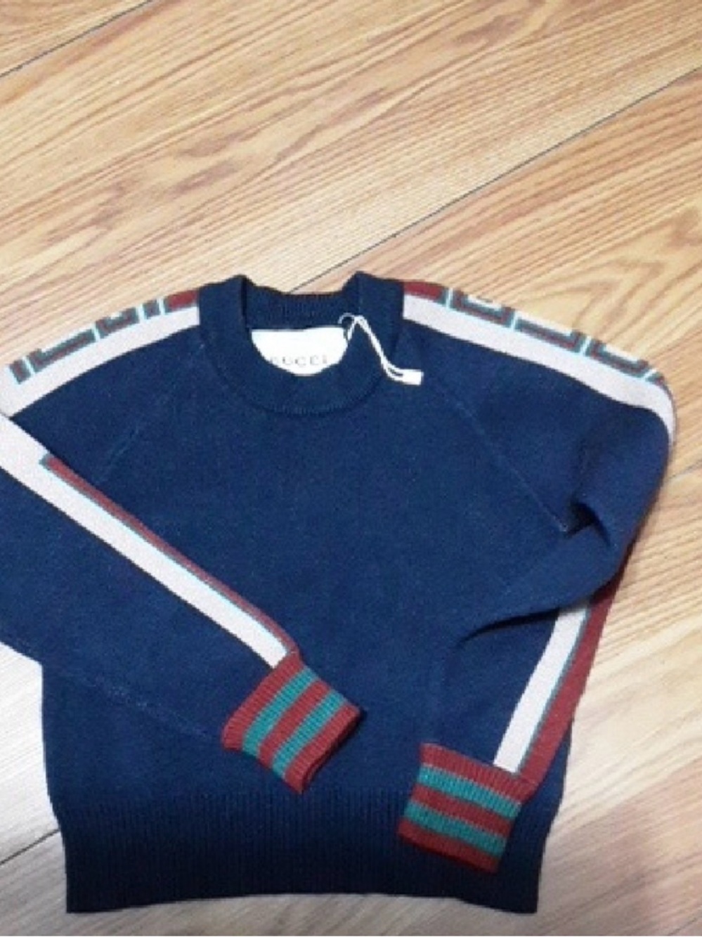 Gucci Navy Sweater with Red and Green Stripe Accents